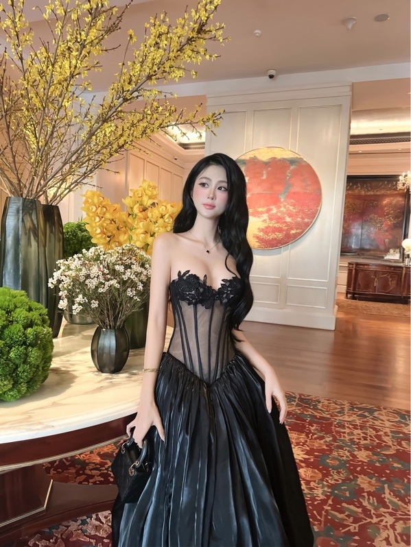 THAOBIBI Embroidered Floral Corset Maxi Dress