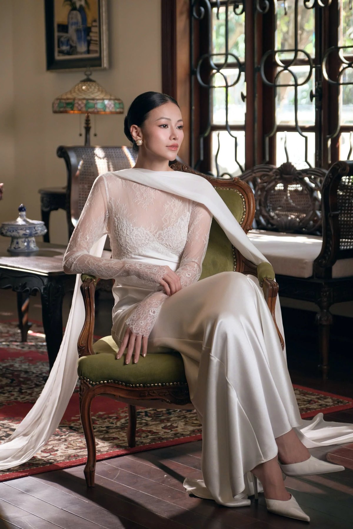 KISSERINE PALINA GOWN White Lace and Satin Evening Dress