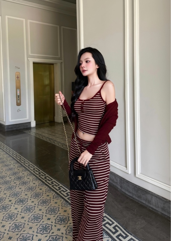 THAOBIBI Striped Camisole and Pants Set with Cardigan
