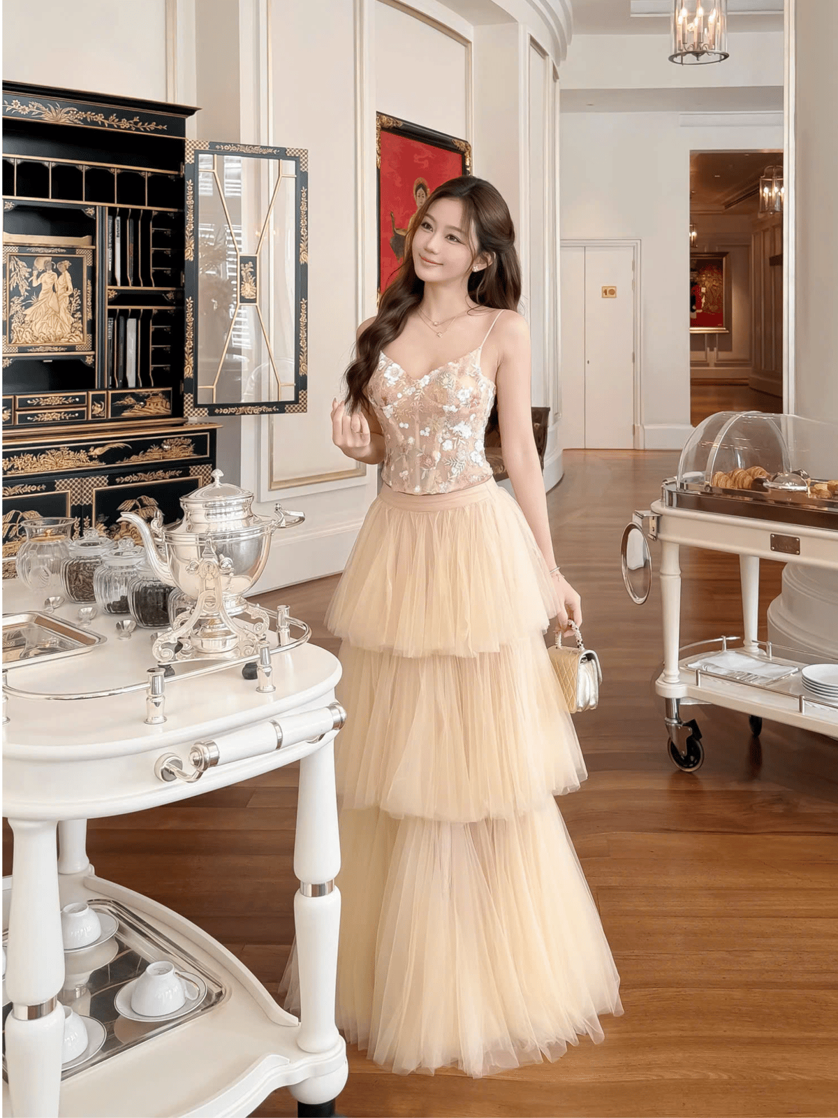 Tran Ali Tiered Mesh Skirt Cream