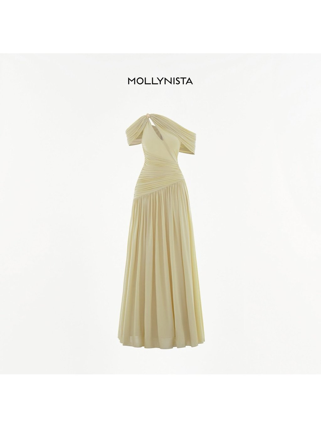 Mollynista Yellow Draped Off-Shoulder Stretch Mesh Dress