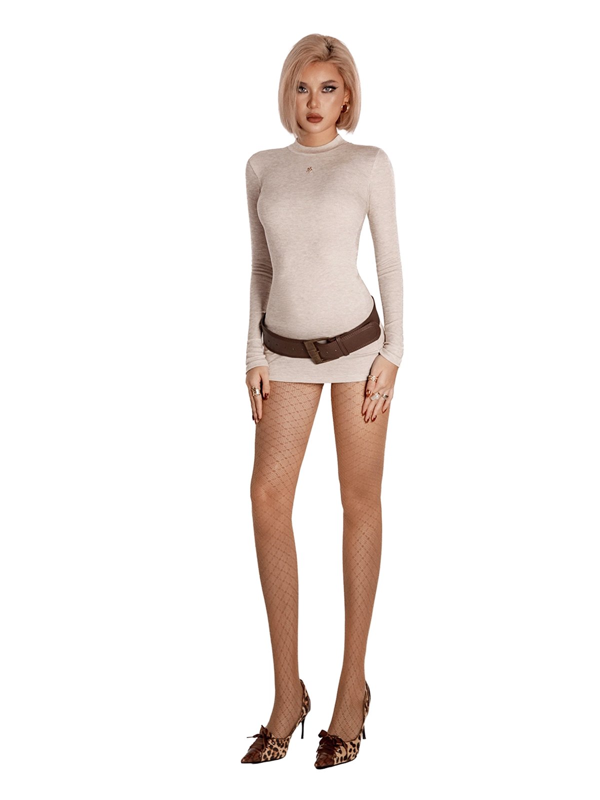 SISTERS Seraphina High Neck Long Sleeve Bodycon Mini Dress - Brown
