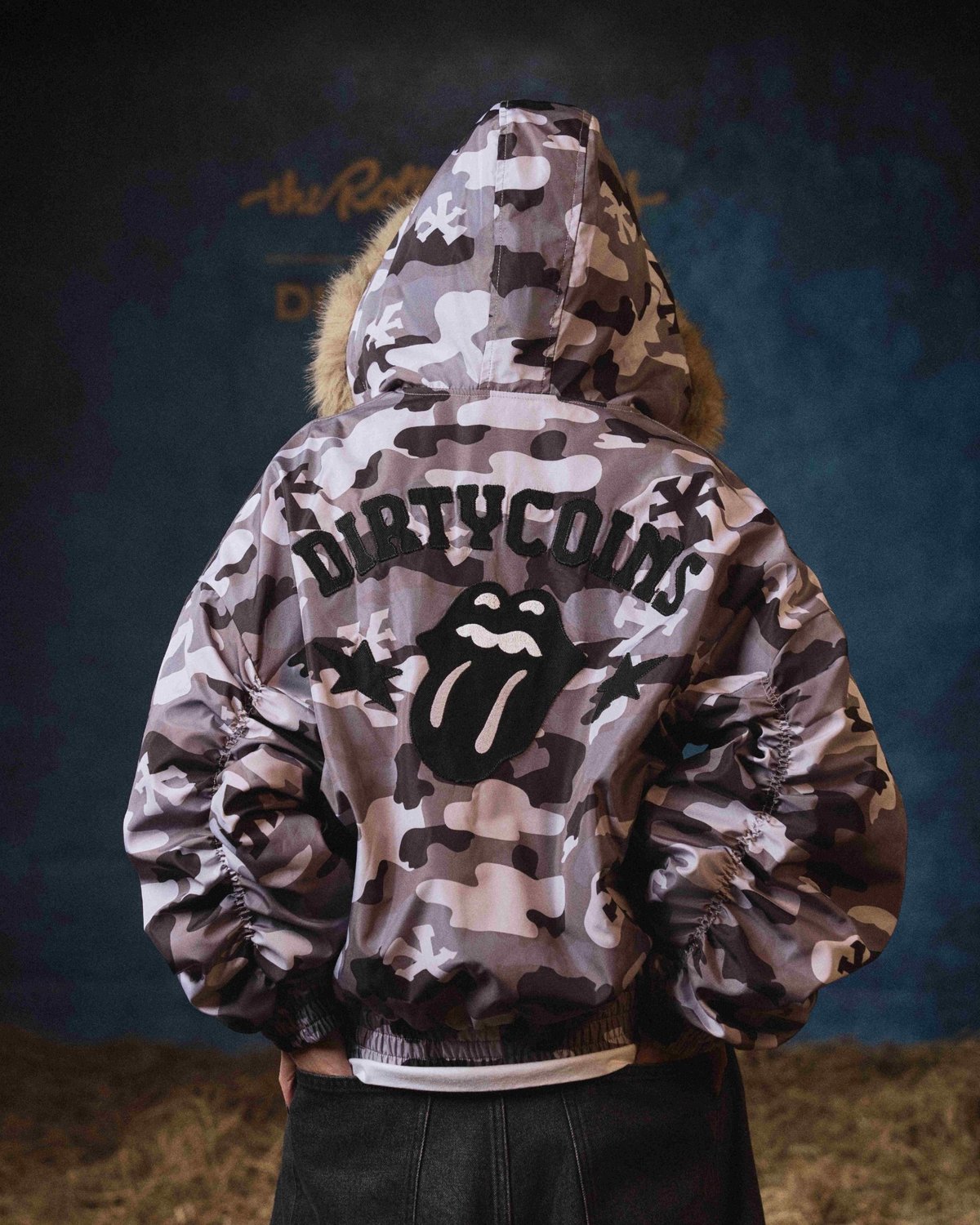 DIRTYCOINS DCxRS Camo Fur Hooded Bomber Jacket