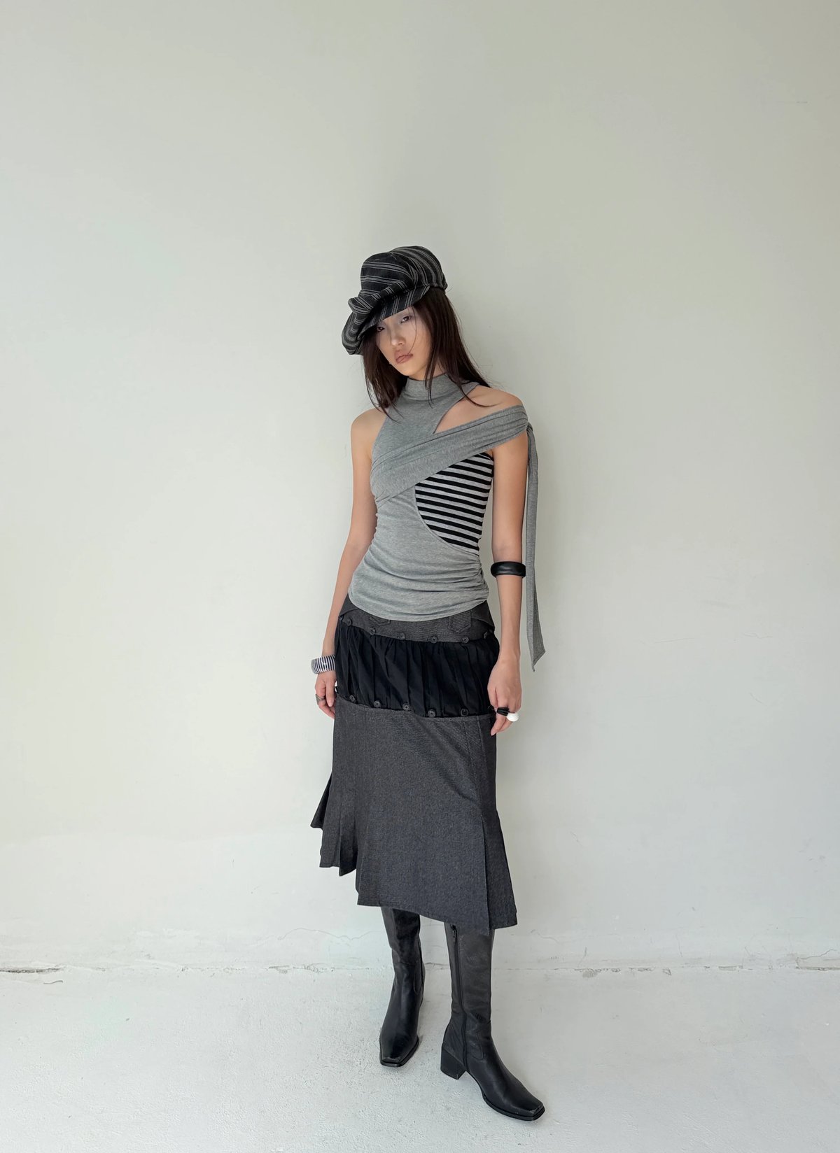 into.eight VEIL TOP Asymmetric Draped Striped Top