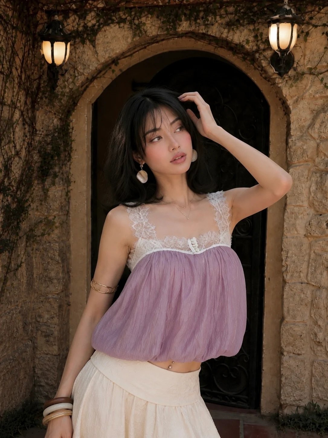 Sugar Crush Suzy Crinkled Silk Camisole with Lace Trim