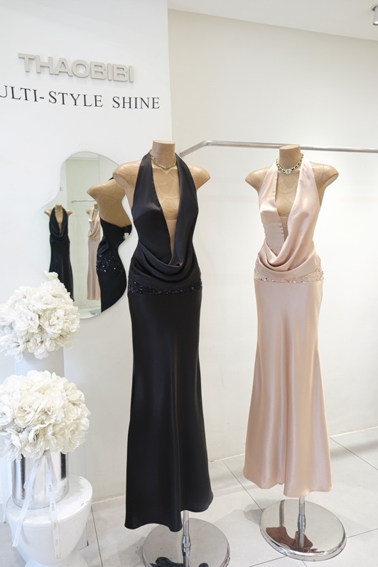 THAOBIBI Silk Halter Neck Long Evening Dress