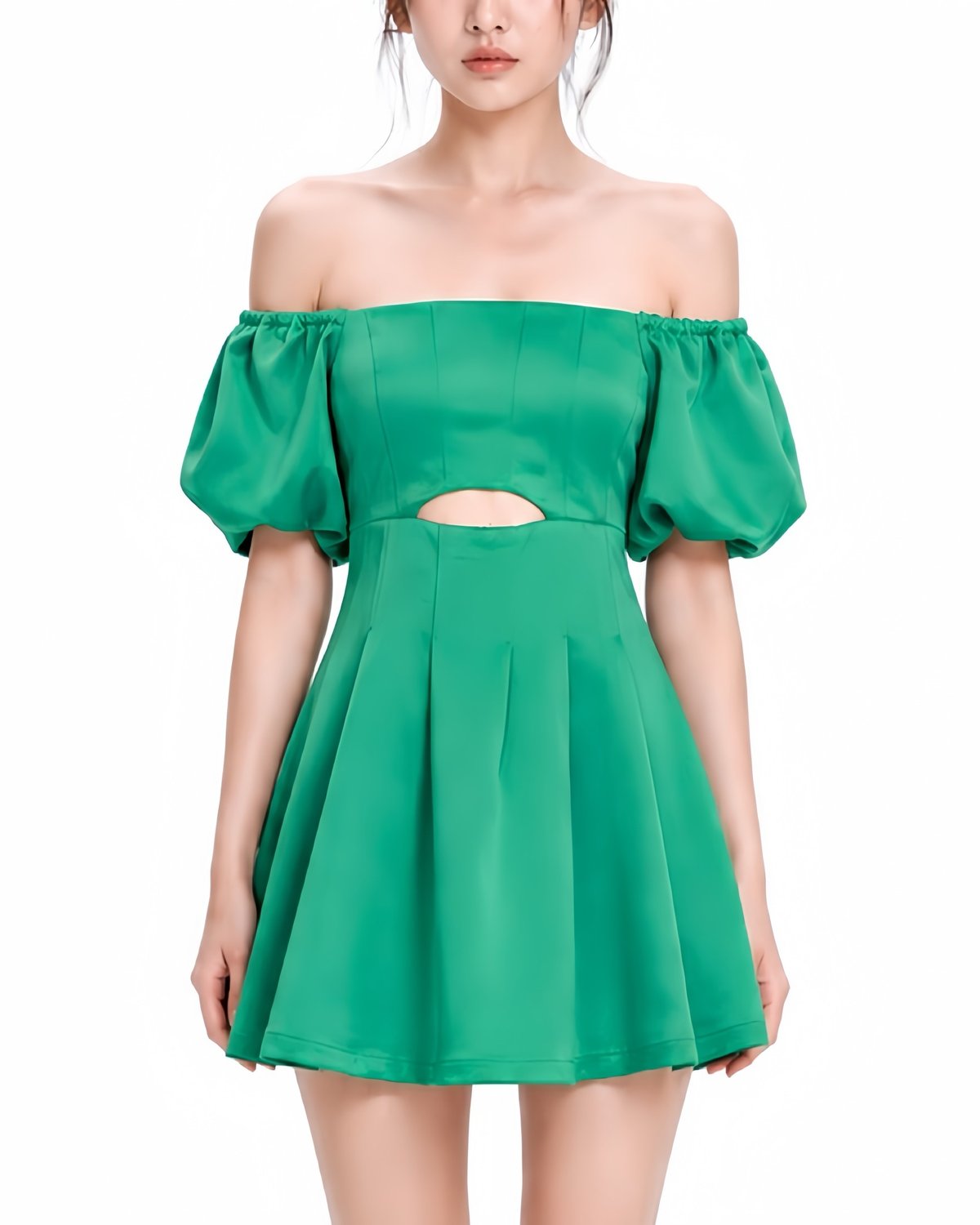 DOTTIE Cut-out Puff Sleeve Mini Dress - Dark Green