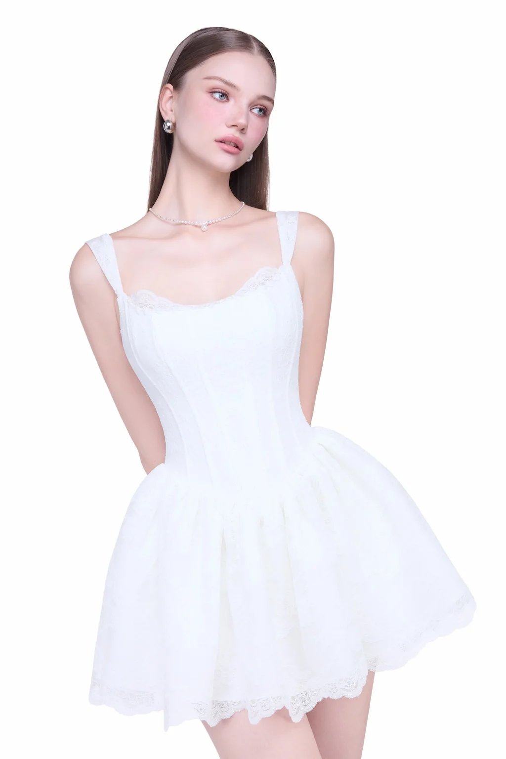 JUBIN Feather Lace Corset Mini Dress