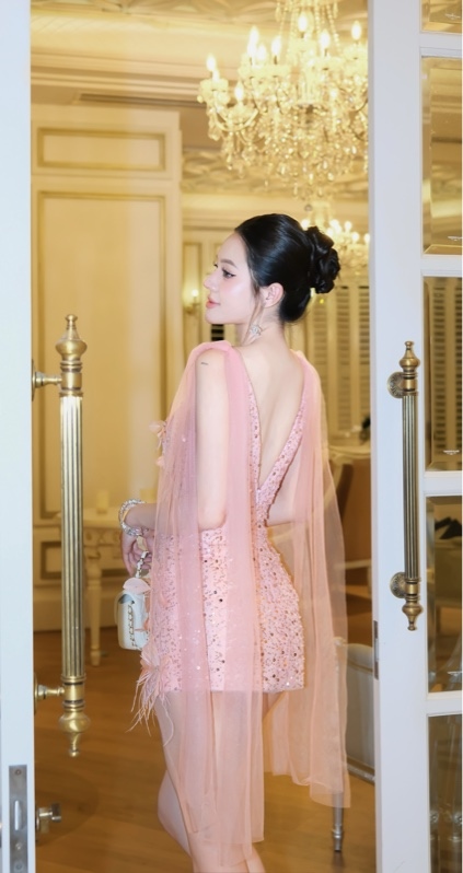 THAOBIBI Feather Embellished A-Line Mini Party Dress