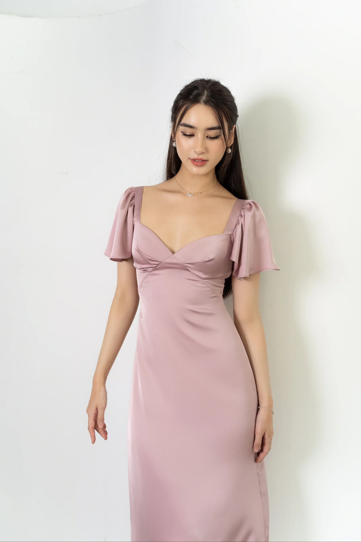 KISSERINE JUDY Satin Midi Dress with Fairy-Wing Sleeves