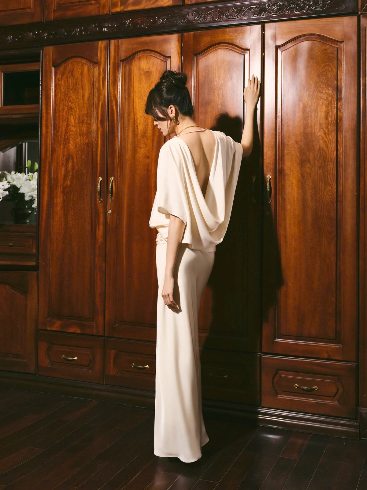 KISSERINE ALMA Satin Pleated Draped Back Dress