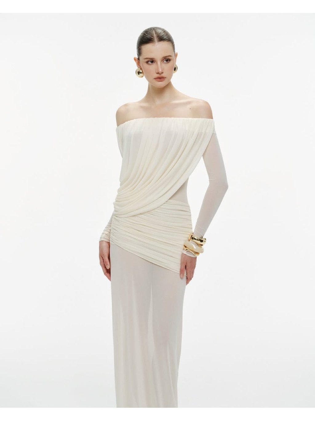 Mollynista White Off-Shoulder Draped Mesh Dress