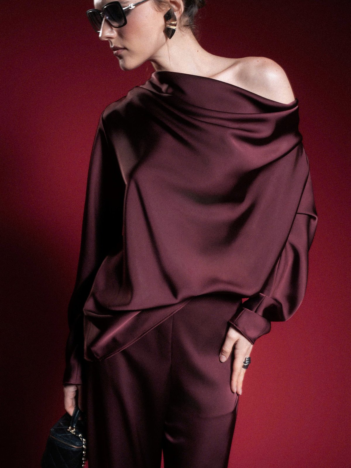 KISSERINE ZIREL Elegance Draped Satin Long Sleeve Blouse