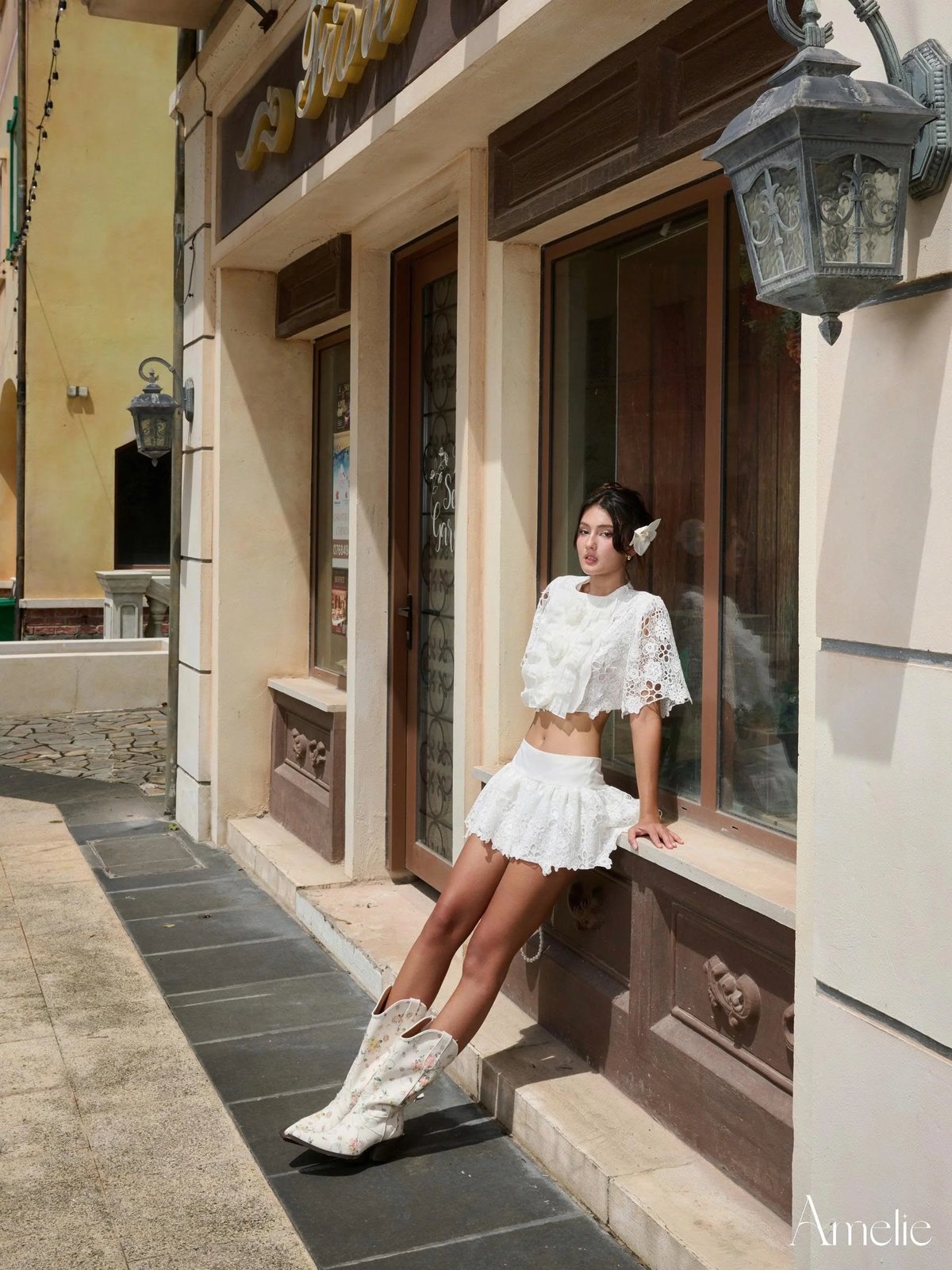 AMELIE Agnes White Lace Crop Top and Mini Skirt Set