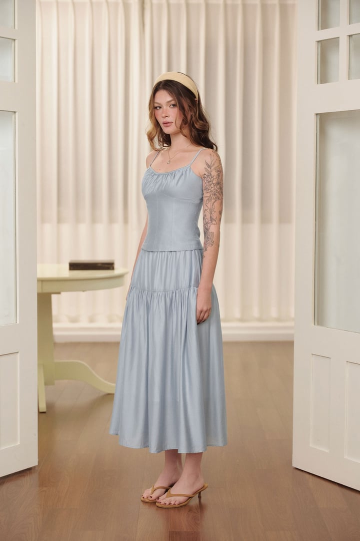 DOTTIE Ruched Midi Skirt - Light Blue