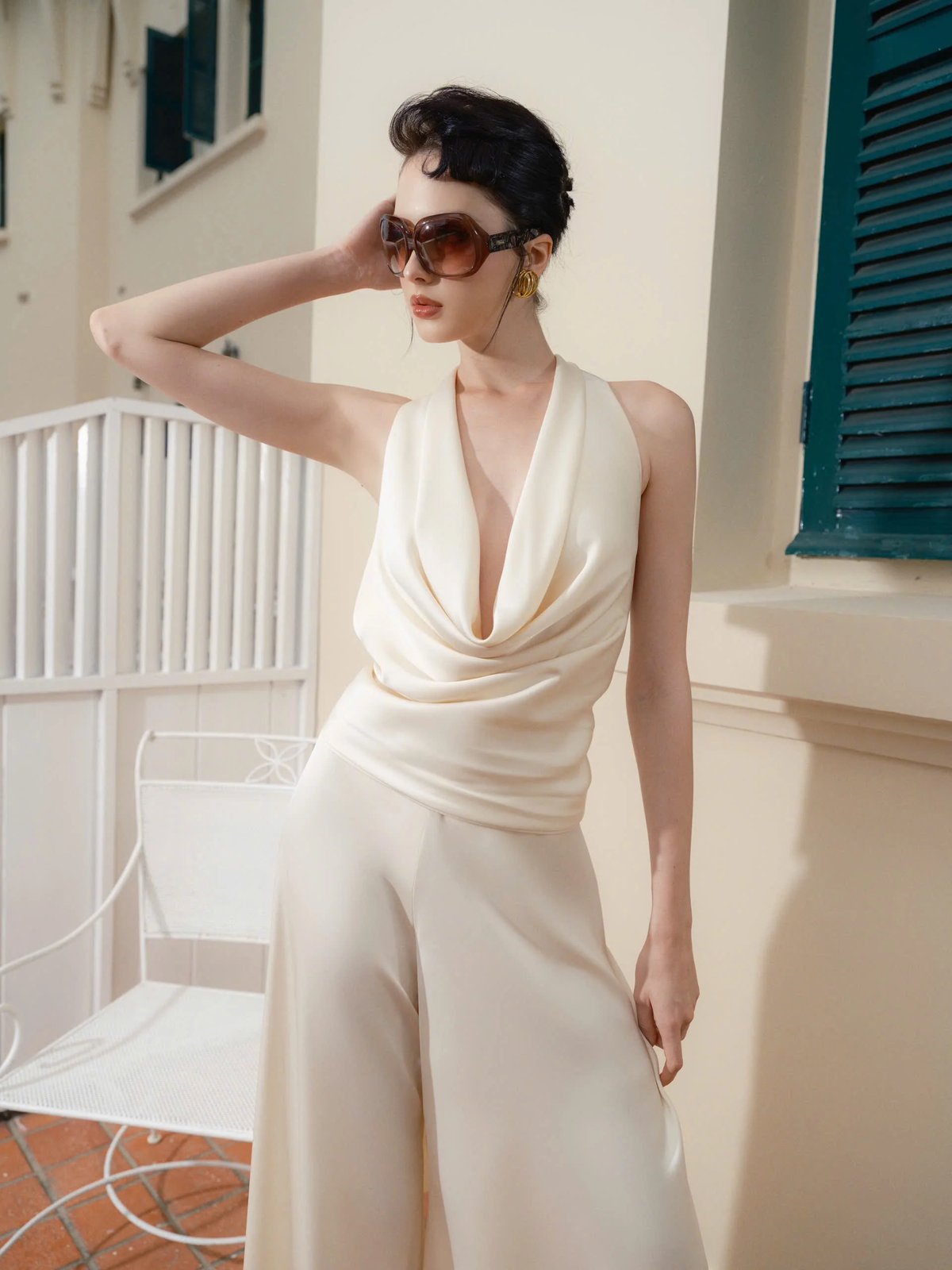 KISSERINE ISLA Satin Cowl Neck Halter Top