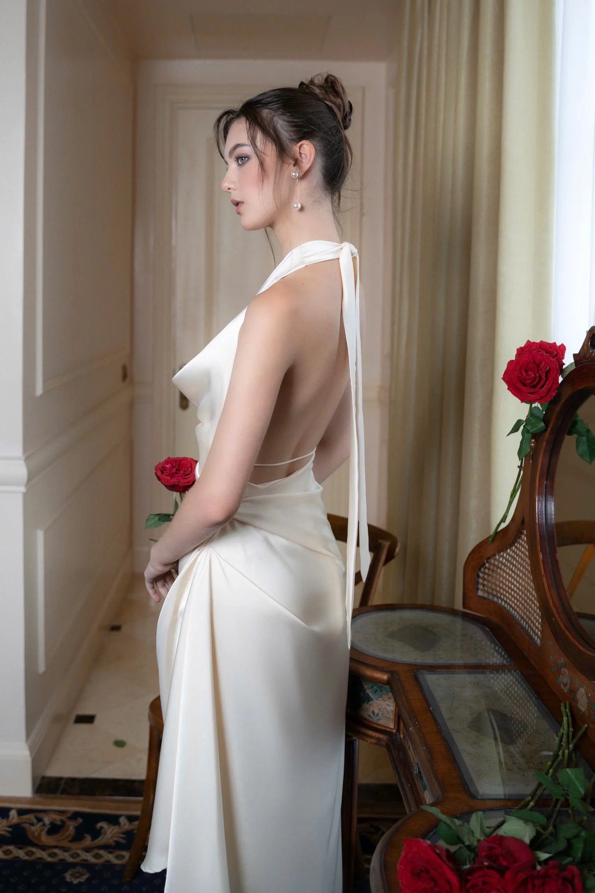 KISSERINE CYNTHIA Satin Halter Neck Asymmetric Dress