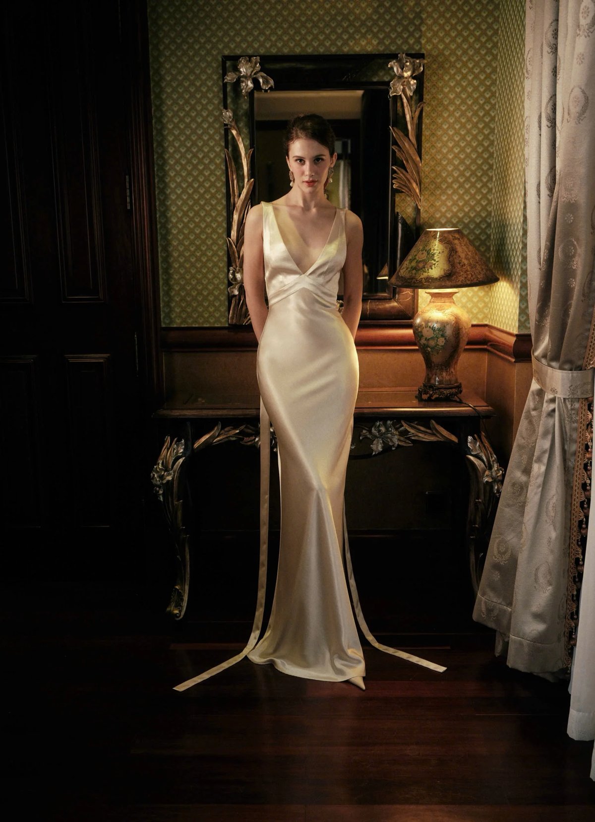 KISSERINE TALIVIA Silk Satin Deep V Neck Open Back Maxi Dress