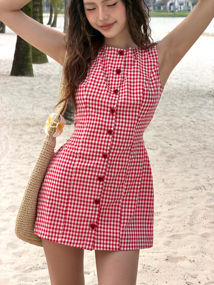 Sugar Crush LOVE Dress 紅色格紋心型鈕扣緊身連身短裙