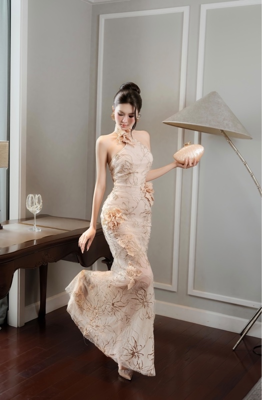 THAOBIBI Floral Embroidered Mesh Maxi Dress