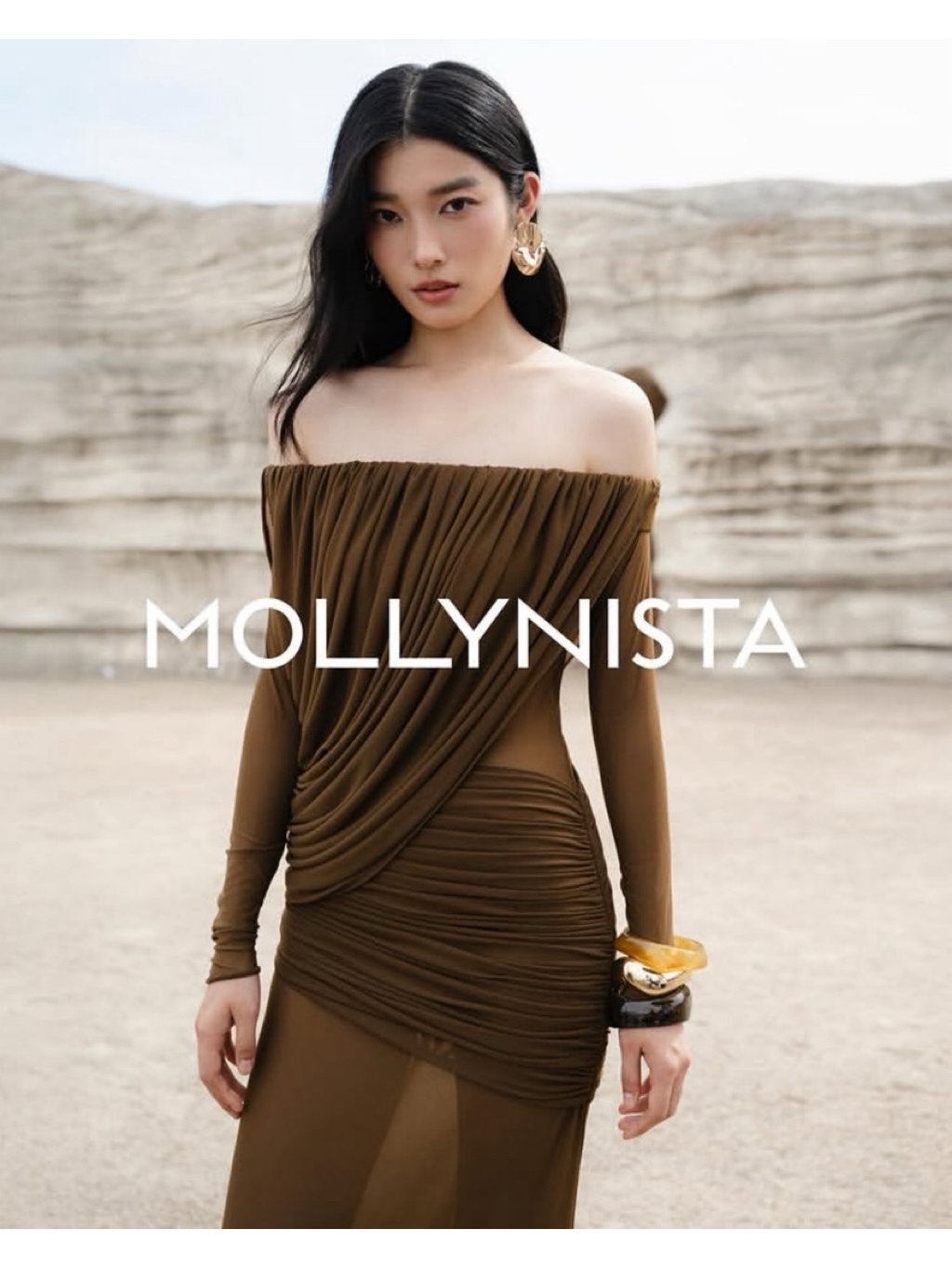 Mollynista Brown Off-Shoulder Draped Mesh Dress