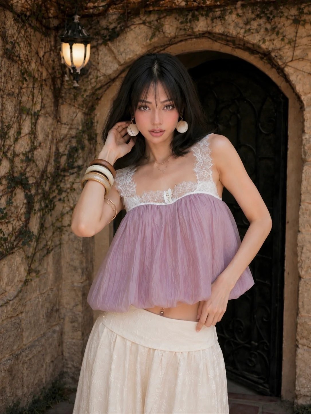 Sugar Crush Suzy Crinkled Silk Camisole with Lace Trim