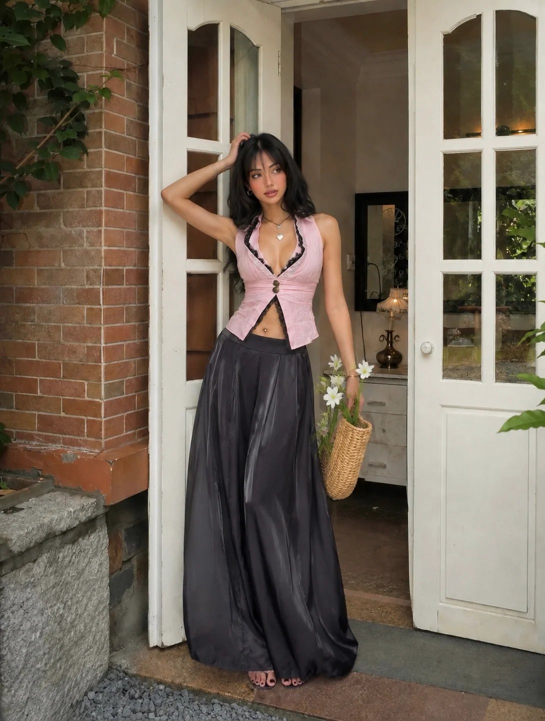 Sugar Crush Ribbon High-Waisted Wide-Leg Pants