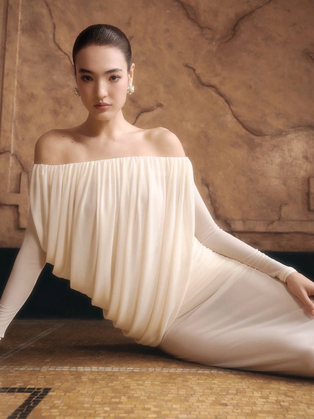 Mollynista White Off-Shoulder Draped Mesh Dress
