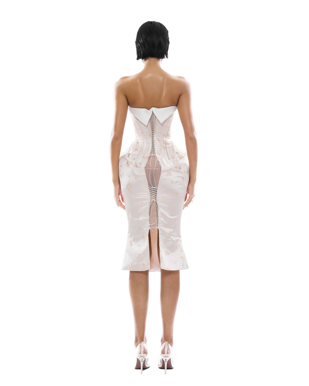 HUELLEYROSE Lua Corset Jacquard Satin Midi Dress