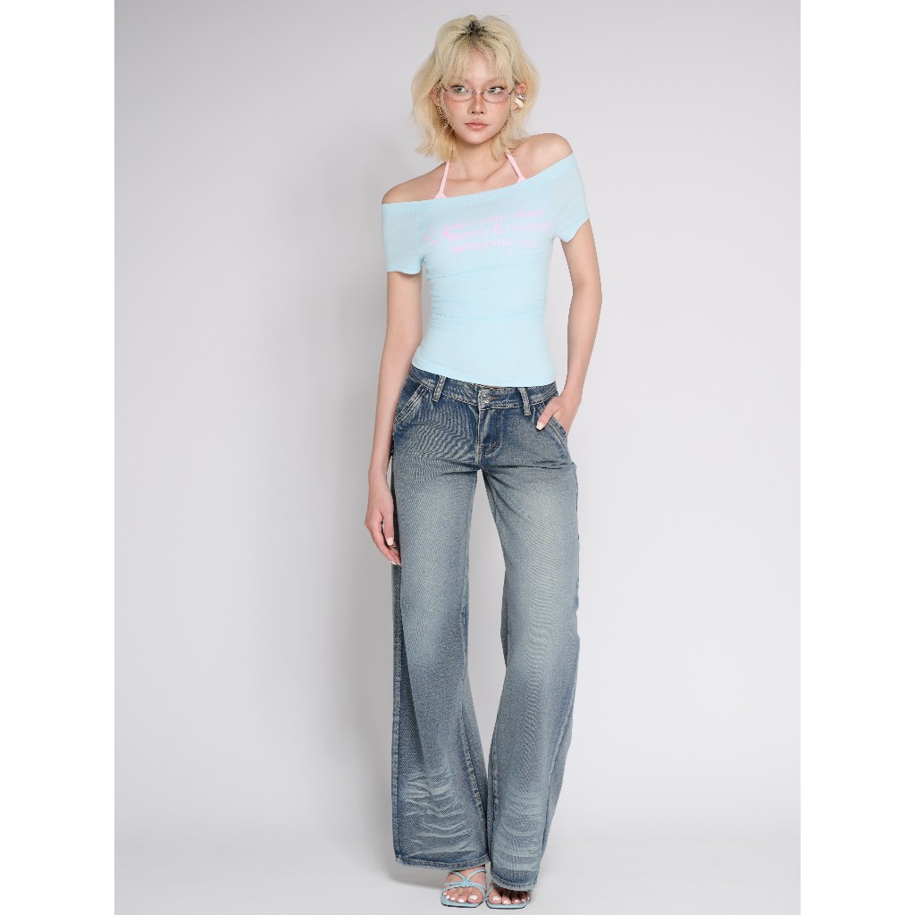 TWENTI Low Rise Wide Leg Washed Jeans - Blue