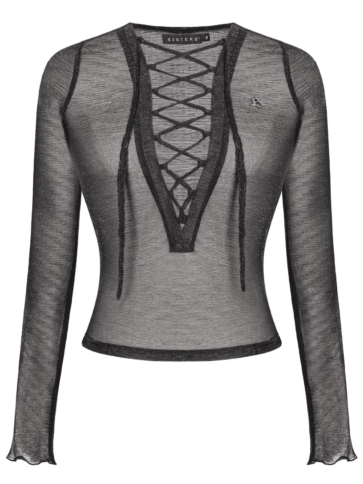 SISTERS Metallic Sheer Lace-up V-Neck Long Sleeve Top - Metallic Black