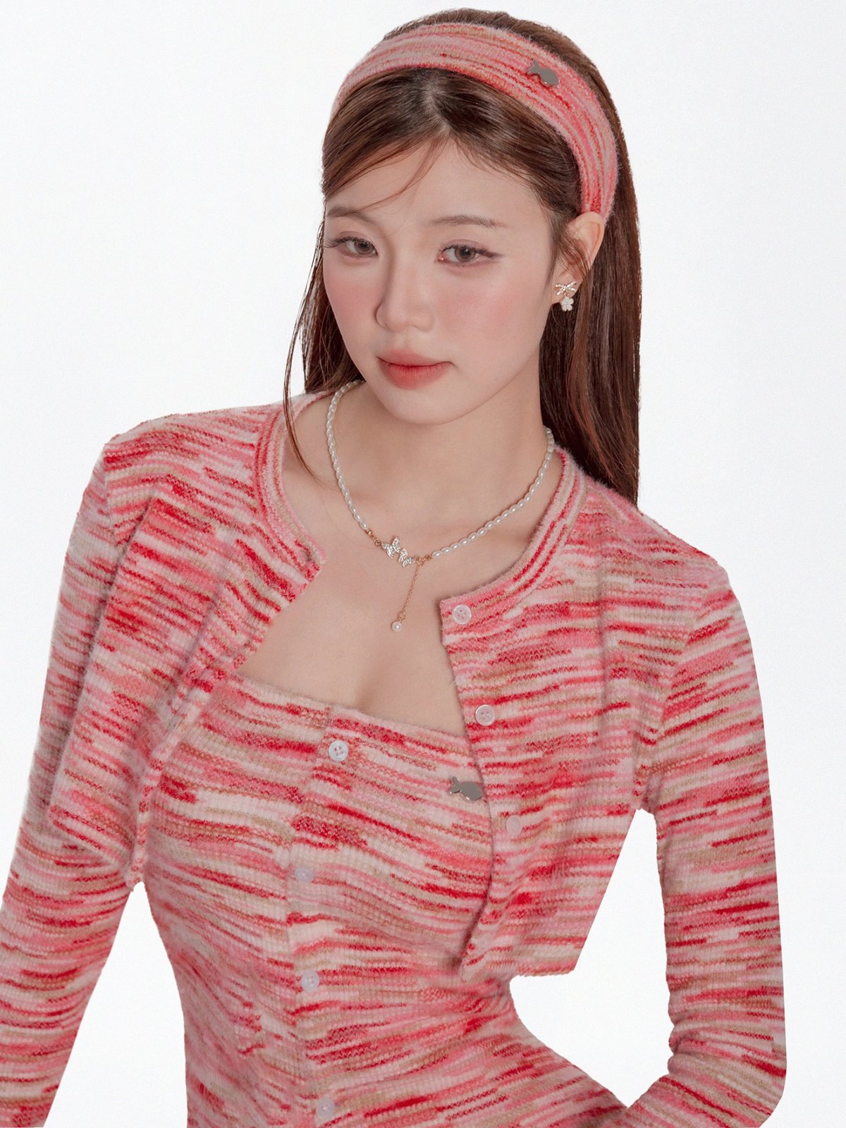 DKMV Madria Rabbit Wool Gradient Knit Dress Set with Cropped Jacket and Headband