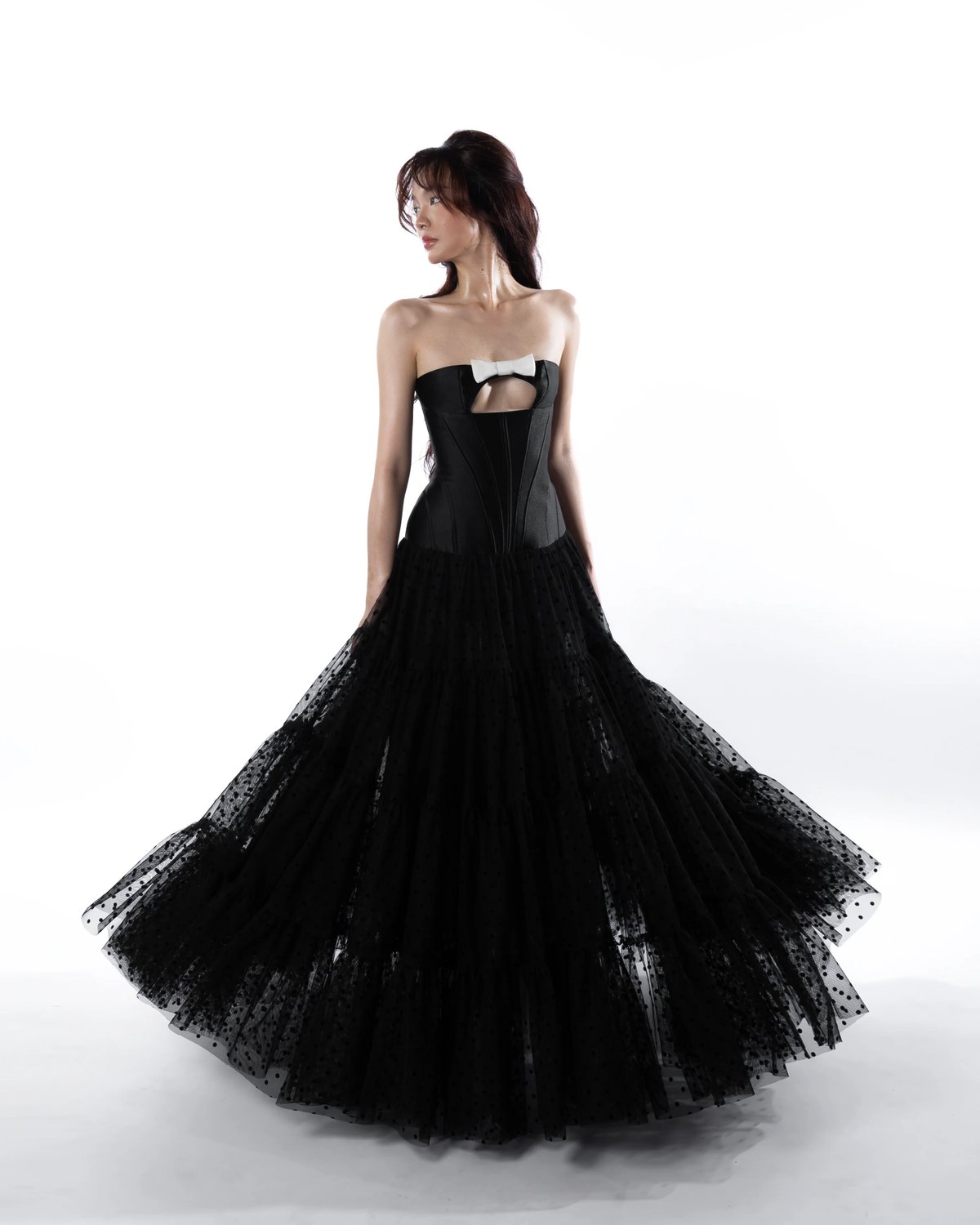HUELLEYROSE Larra Satin Corset Dress with Dotted Tulle Skirt