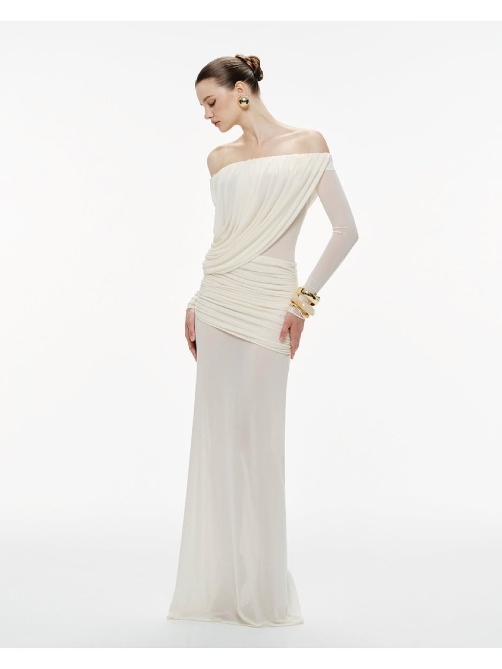 Mollynista White Off-Shoulder Draped Mesh Dress