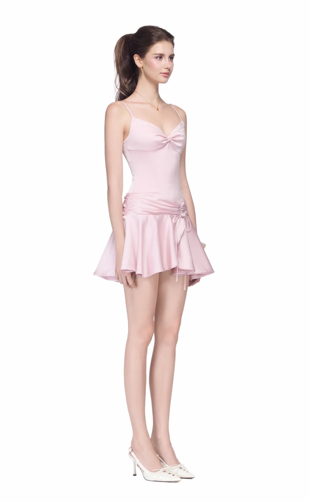 JUBIN SCARLETT Pink Ribbon Spaghetti Strap Mini Dress