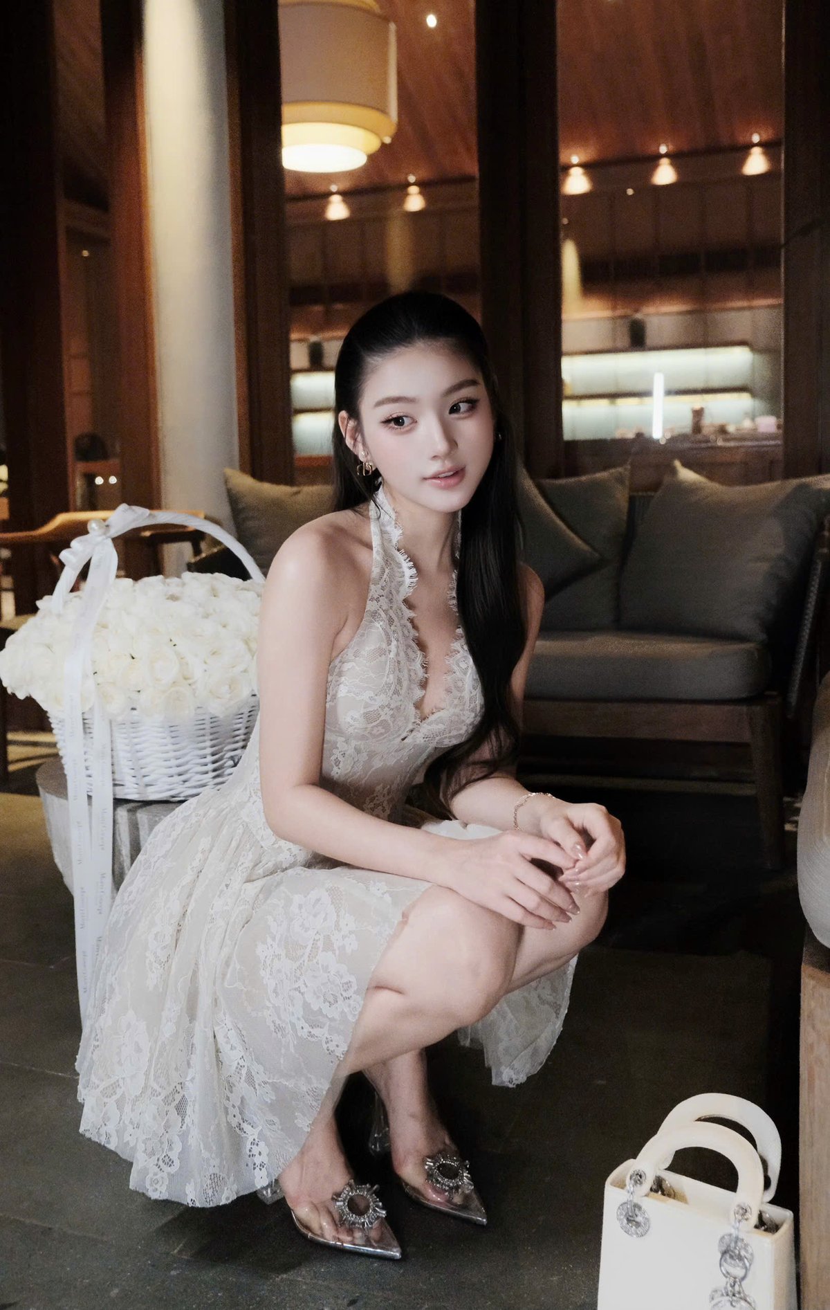 CHOU CHOU 蕾絲褶皺吊帶短裙