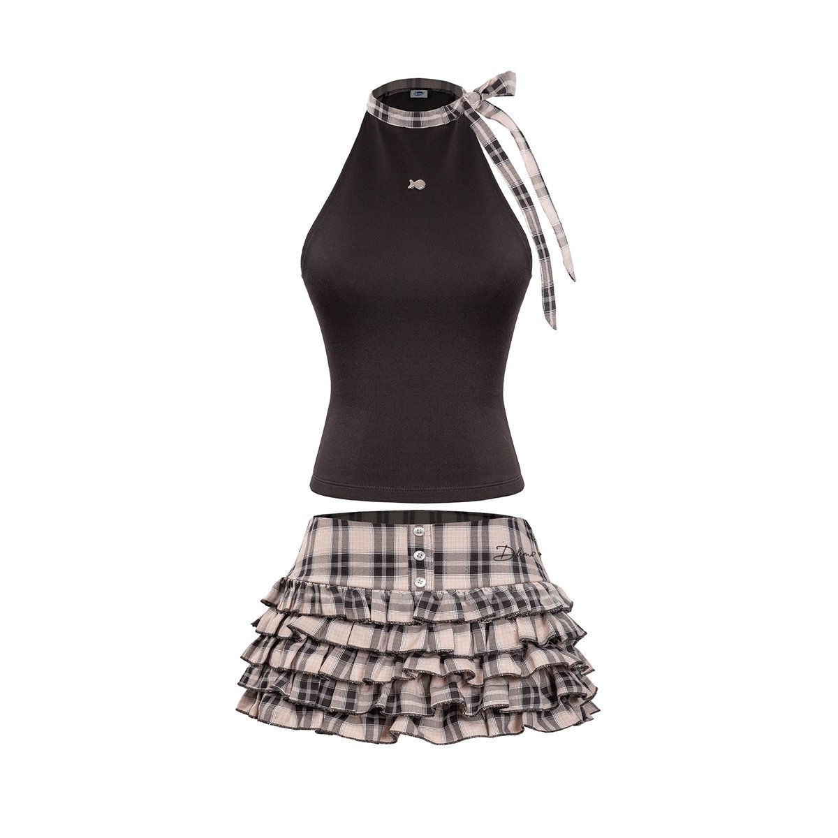DKMV Willow Set Halter Crop Top and Gingham Ruffle Skirt Set