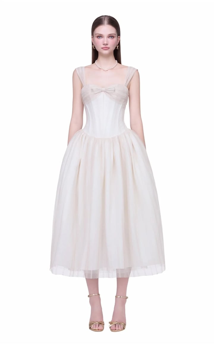 JUBIN Harriet Balletcore Chiffon Corset Midi Dress
