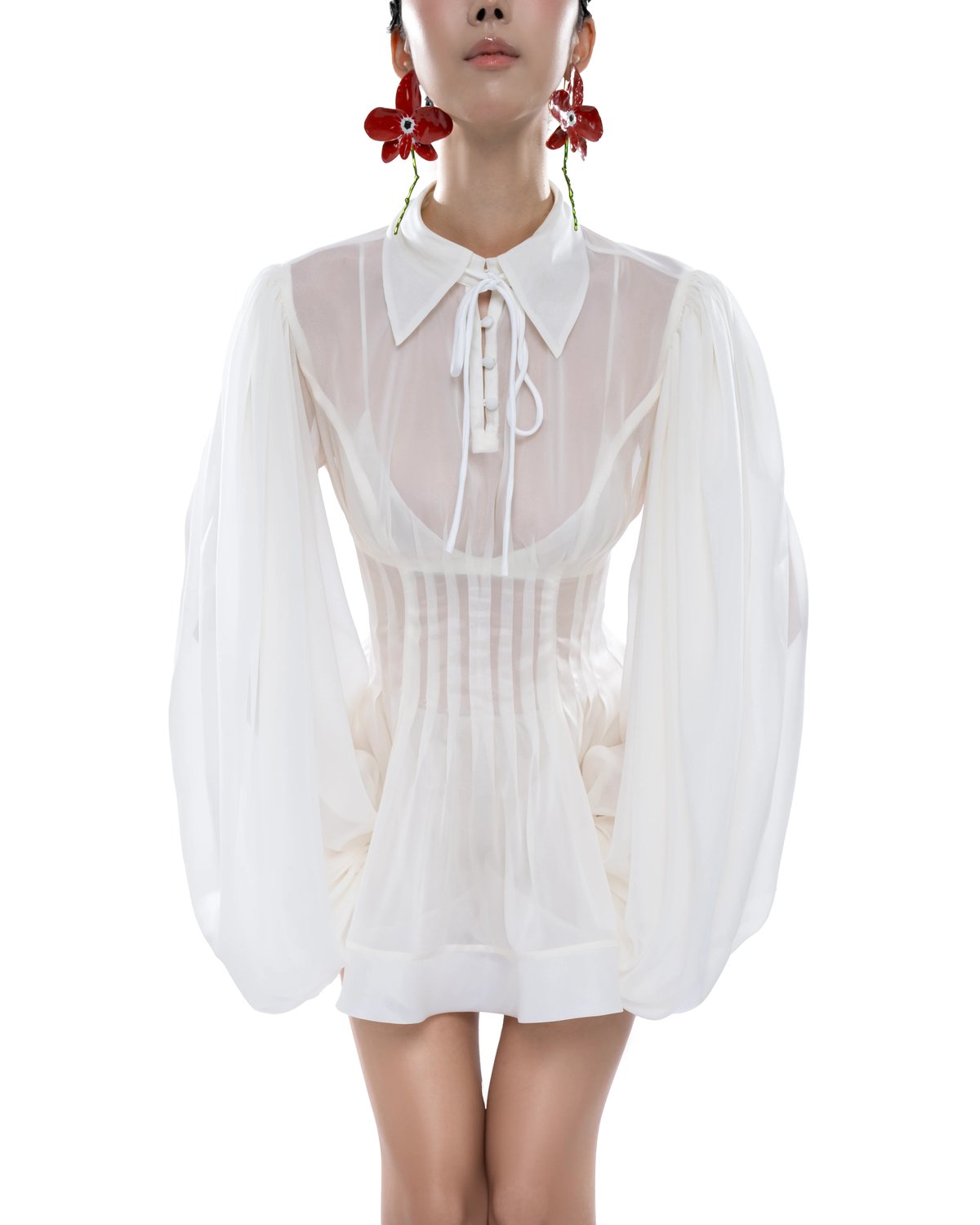 HUELLEYROSE Charlotte Chiffon Bow Detail Mini Dress - Cream