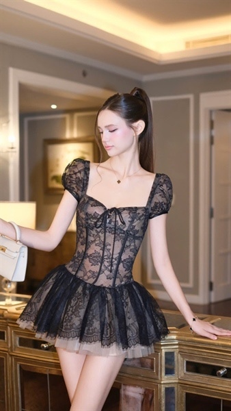 THAOBIBI Lace Bow Tie Flare Dress