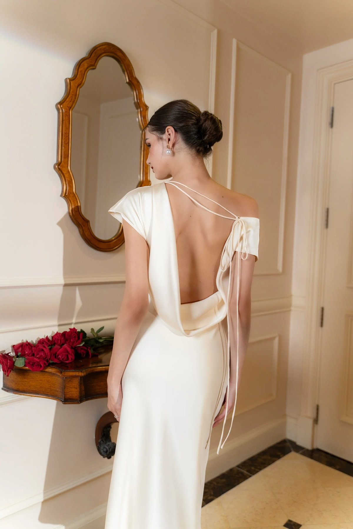 KISSERINE AUDREY Off-Shoulder Asymmetrical Satin Maxi Dress
