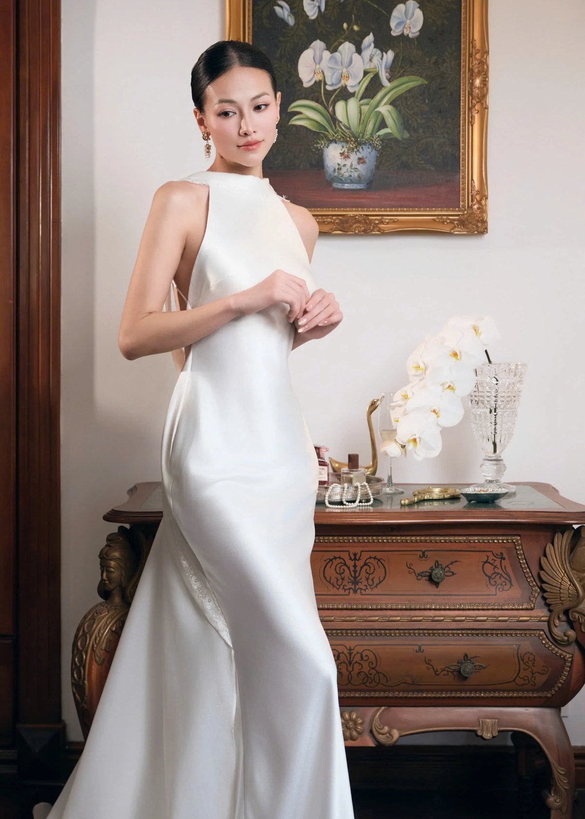 KISSERINE ALTYNSA GOWN - White Silk & Floral Lace Wedding Dress