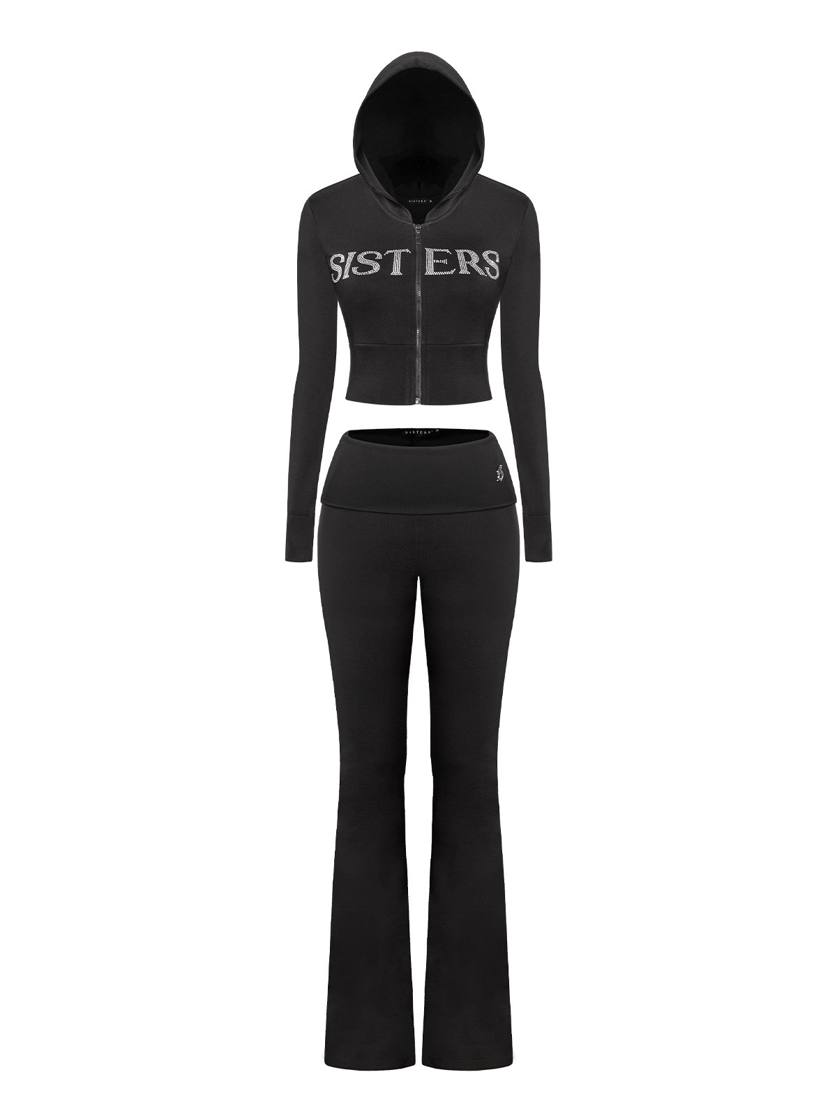 SISTERS Caspian Rhinestone Hooded Jacket and Flared Pants Set - Black