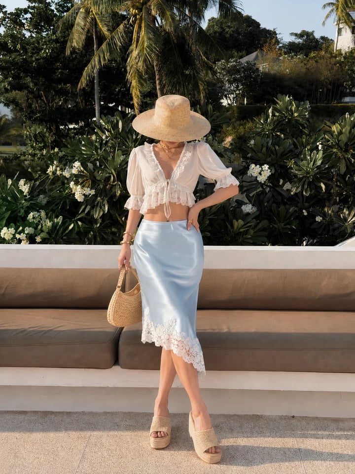 Sugar Crush Jiso Satin Lace Trim Midi Skirt 復古蕾絲滾邊緞面中長裙