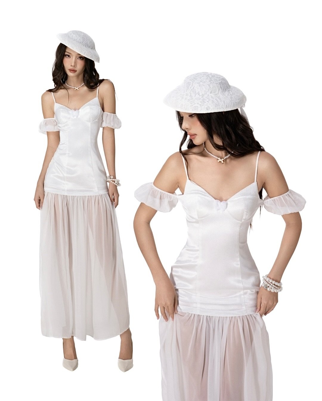 Emilie Marnie Satin Bow Off-Shoulder Maxi Dress
