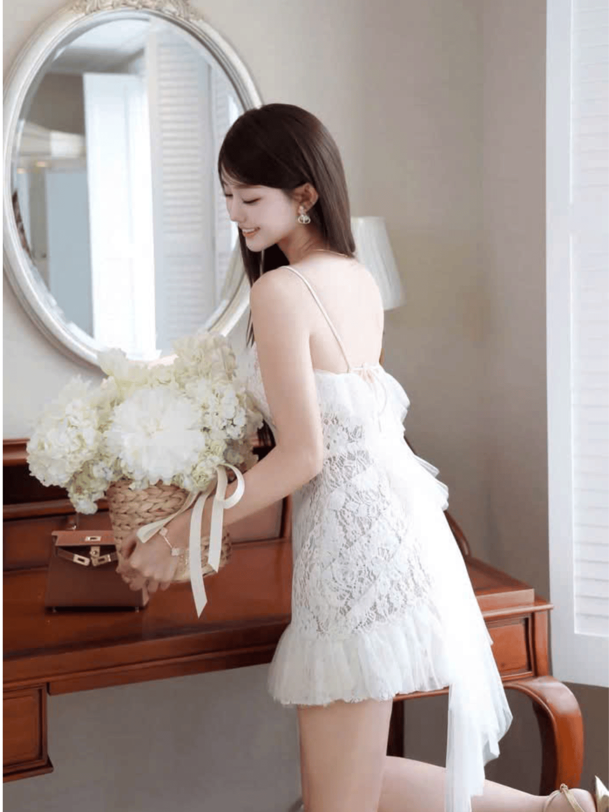 Tran Ali Lace Ruffle Spaghetti Strap Dress