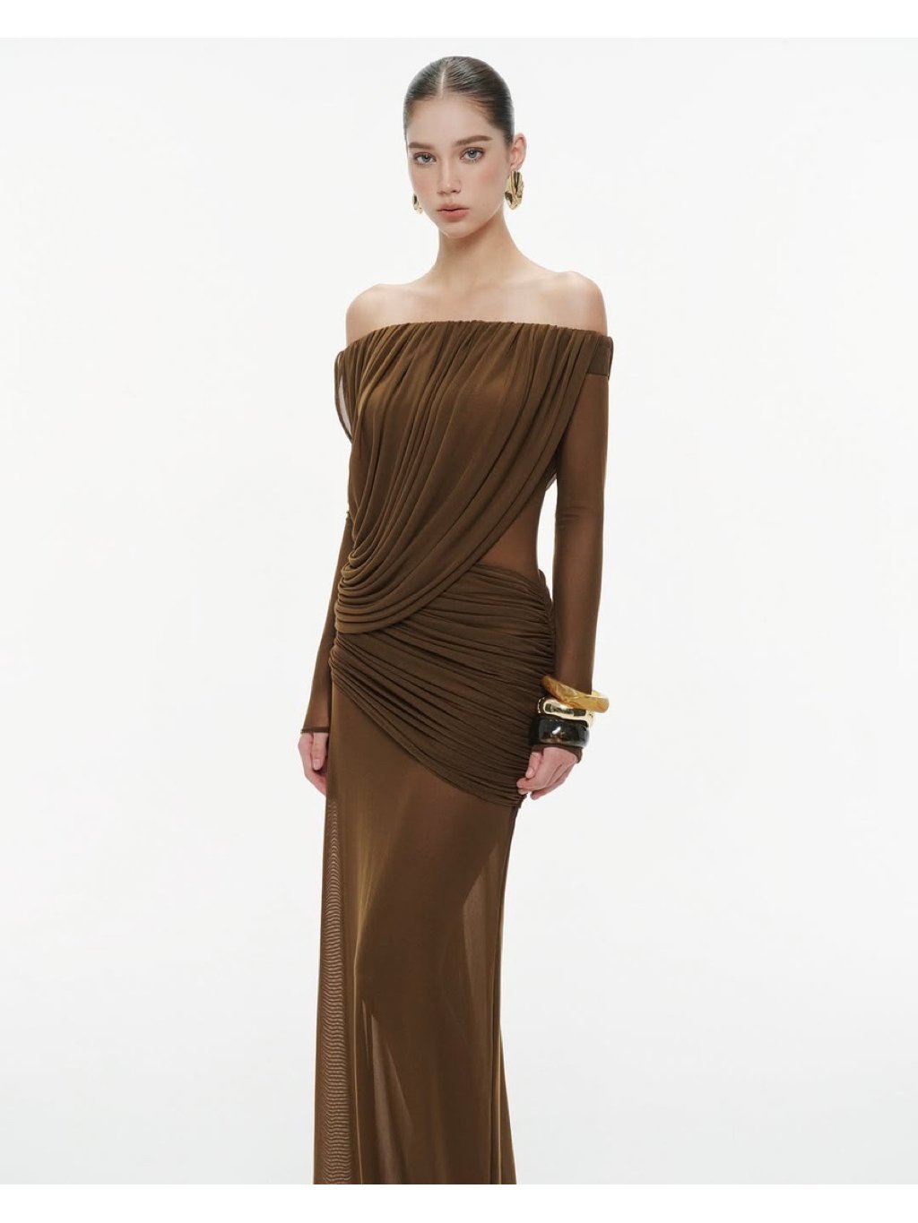 Mollynista Brown Off-Shoulder Draped Mesh Dress