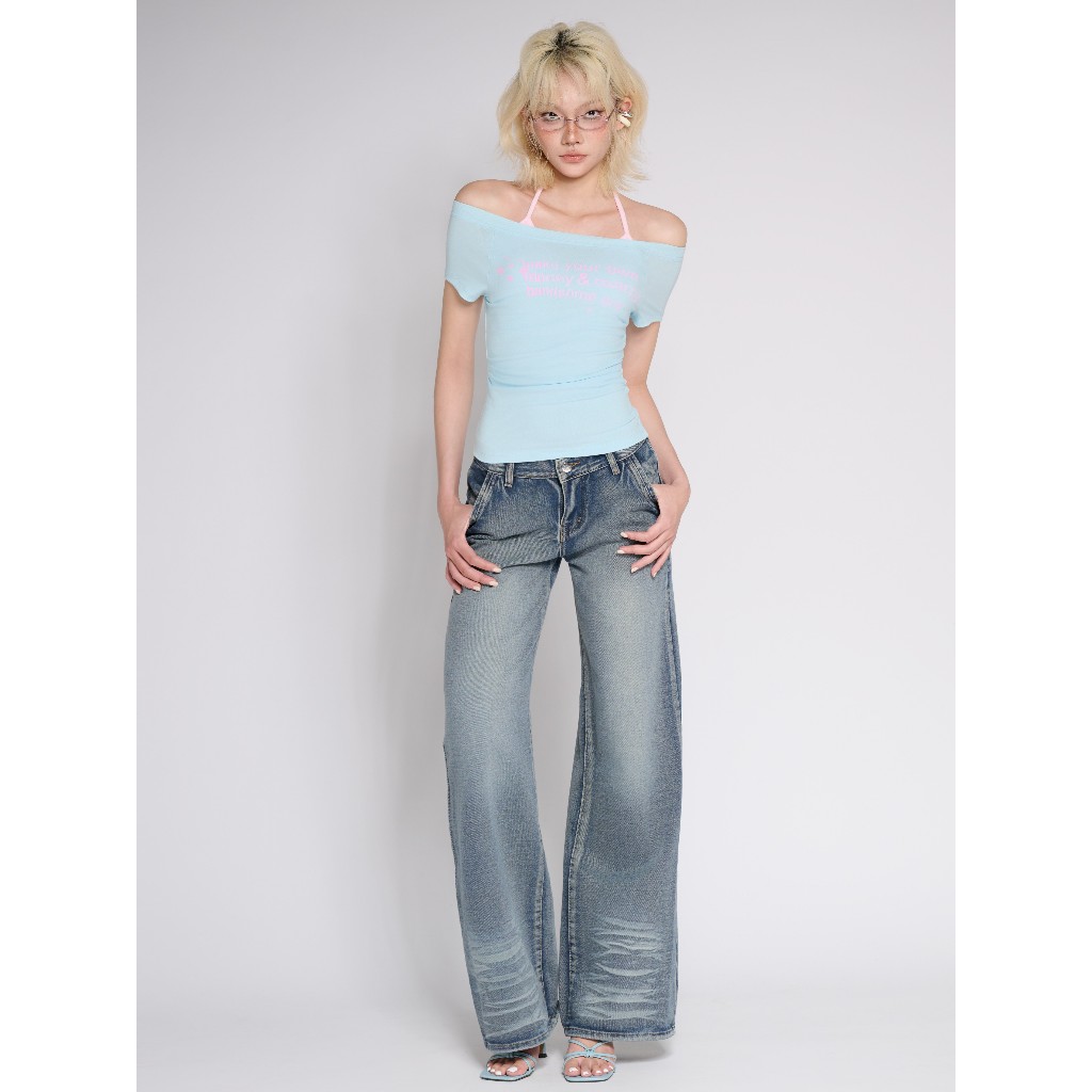 TWENTI Low Rise Wide Leg Washed Jeans - Blue