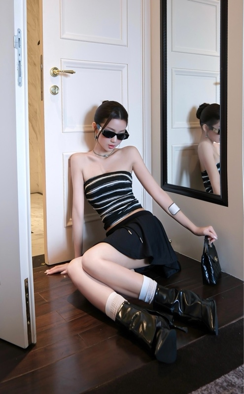 THAOBIBI Striped Tube Top and Flared Mini Skirt Set
