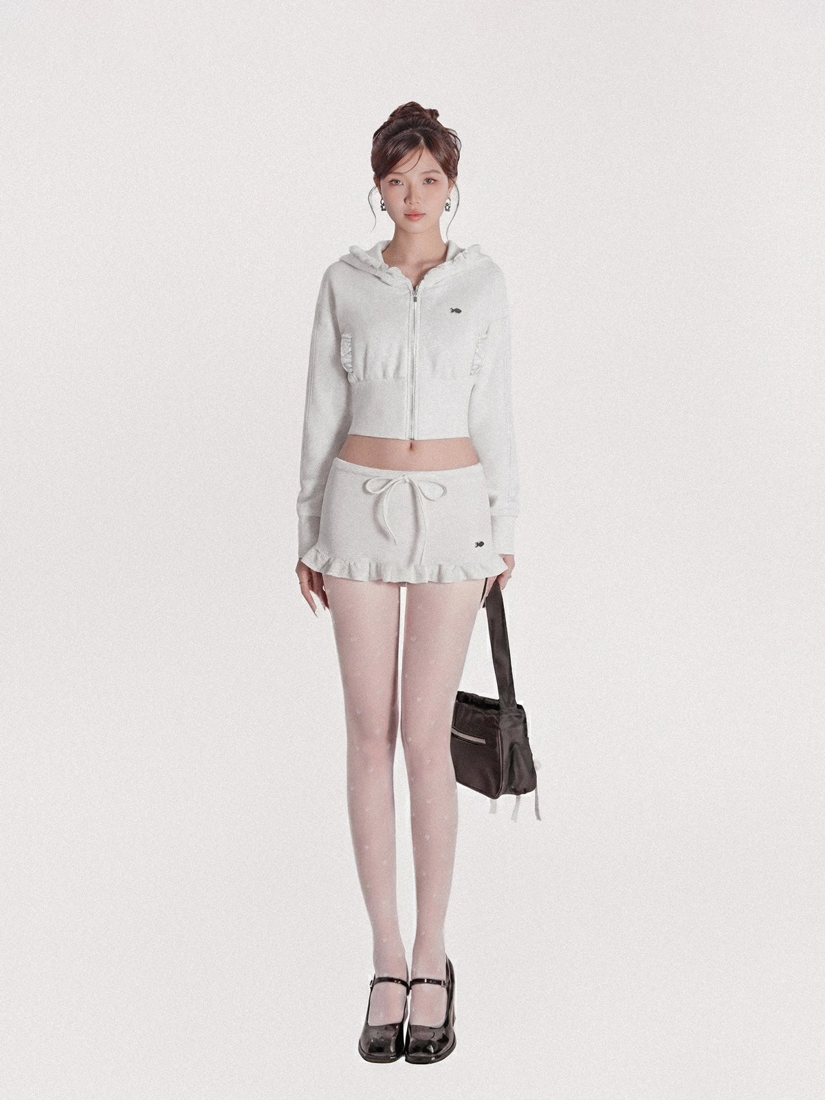 DKMV Dreamy Set Grey Hooded Cropped Jacket and A-Line Mini Skirt